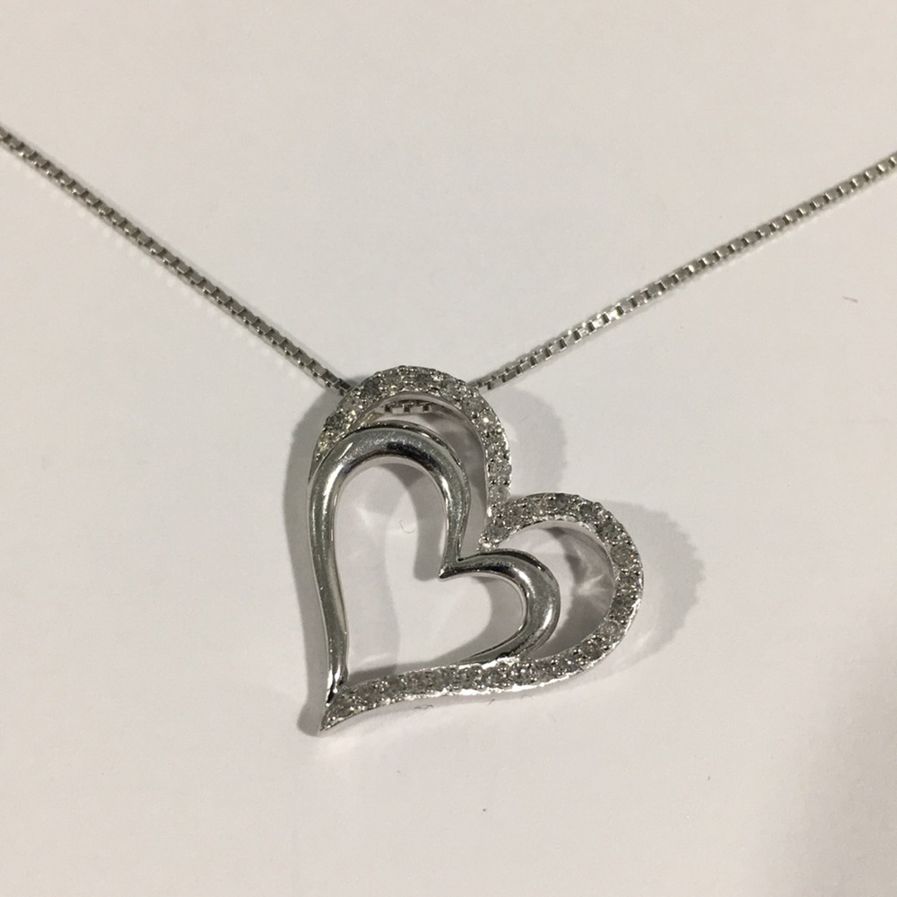 Sterling Silver Double Heart Diamond ❤️ Pendant W/Chain